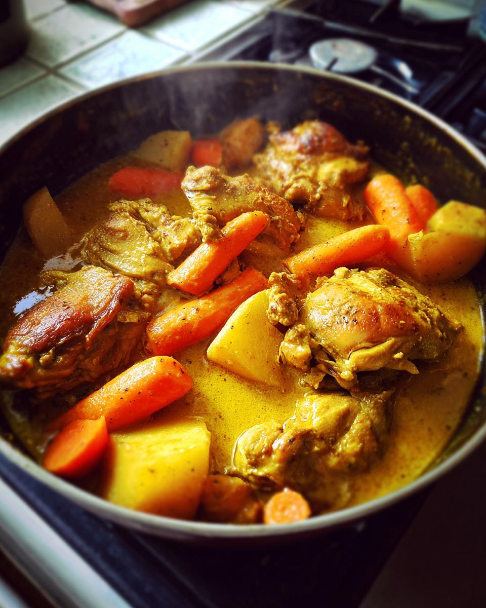 Close-up of Jamaican curry chicken simmering in a pot with large chunks of carrots and potatoes in a rich yellow sauce.