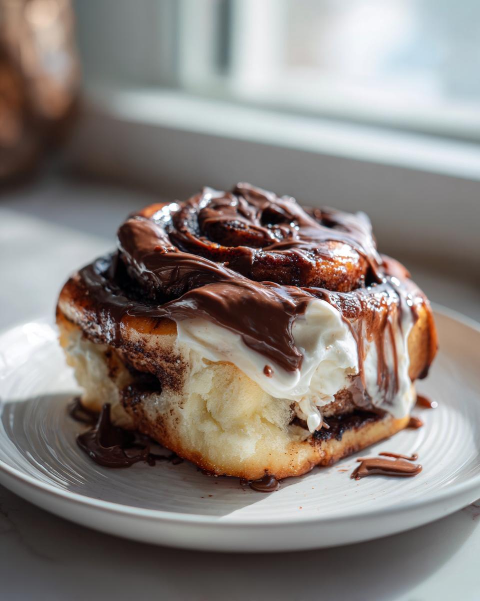 Close-up of a single, gooey chocolate cinnamon rolls topped with white frosting and rich chocolate drizzle.