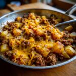 Close-up of Cheesy Taco Potatoes with seasoned ground beef and melted cheddar cheese in a stainless steel skillet.