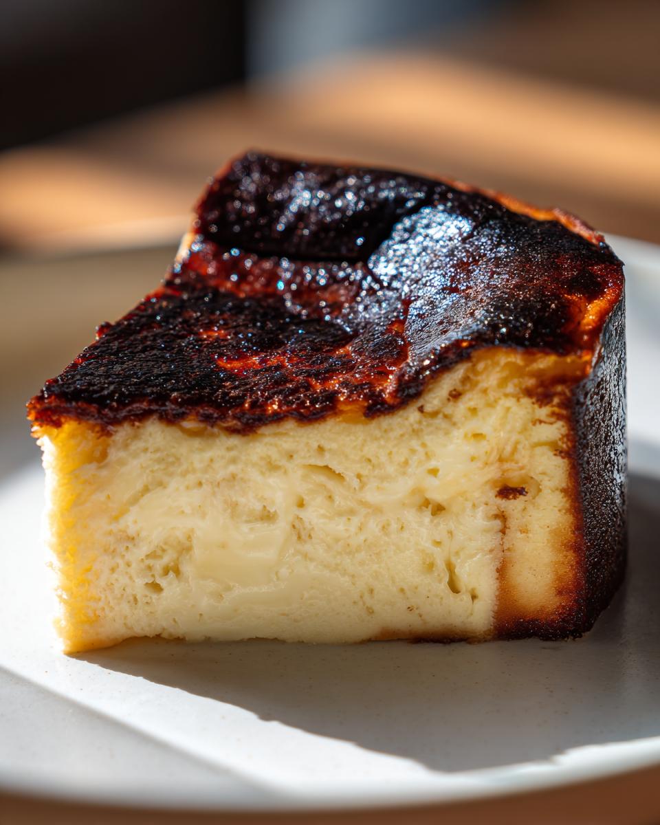 A close-up slice of creamy Basque cheesecake showing its signature dark, caramelized top and soft interior.