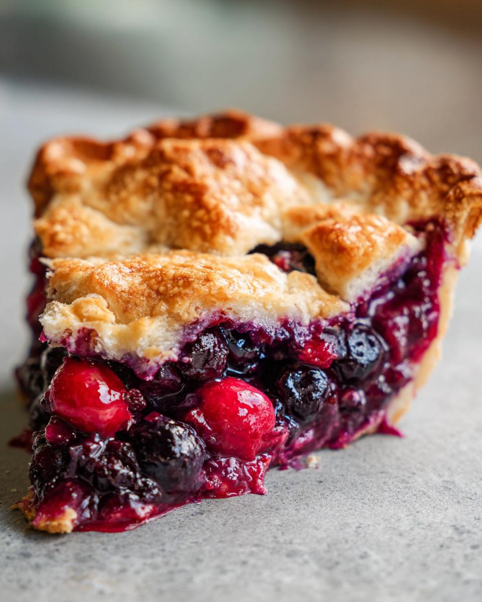 Close-up of a slice of berry pie showing a thick, juicy filling of blueberries and bright red berries under a golden, flaky top crust.
