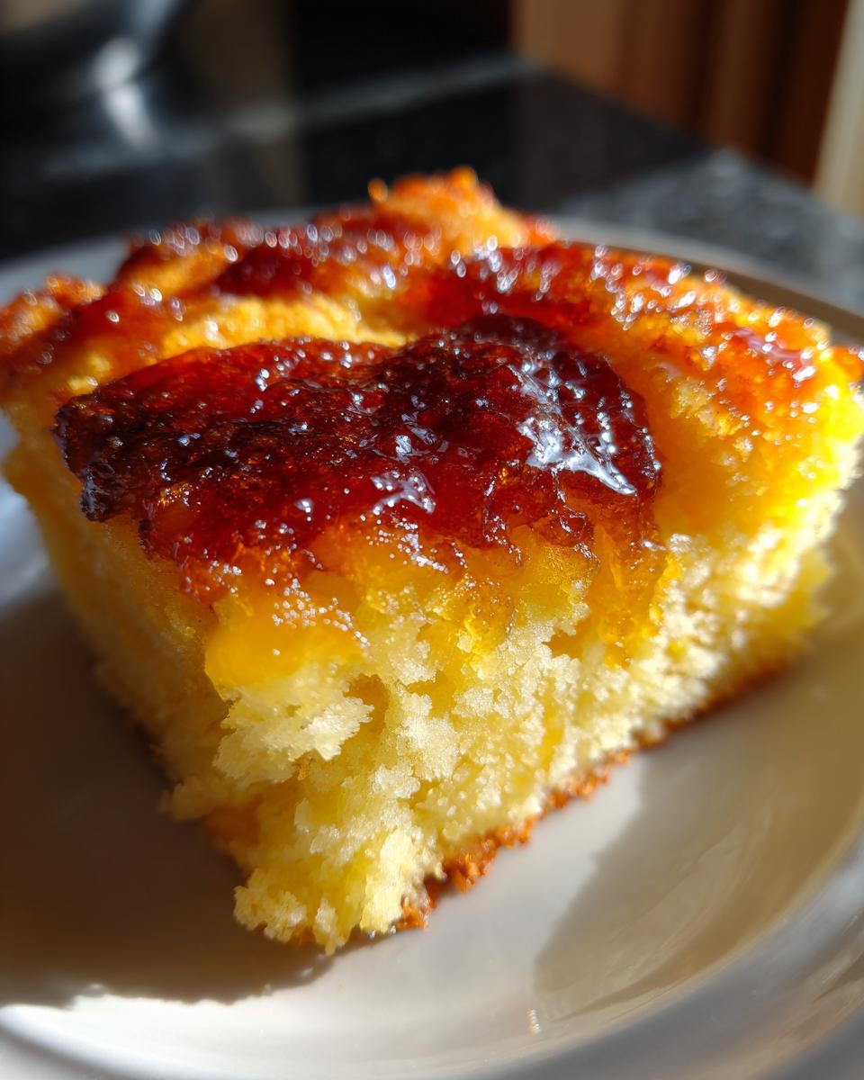 Close-up of a moist slice of caramel apple dump cake showing its yellow cake base and sticky, dark caramel topping.