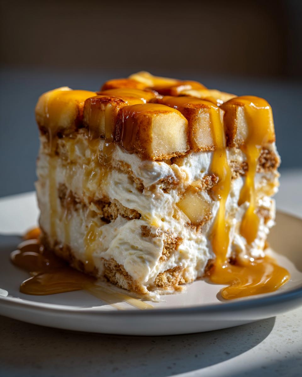 A tall, layered slice of caramel apple trifle featuring whipped cream, crumbled layers, and topped with caramelized apple chunks and dripping caramel sauce.