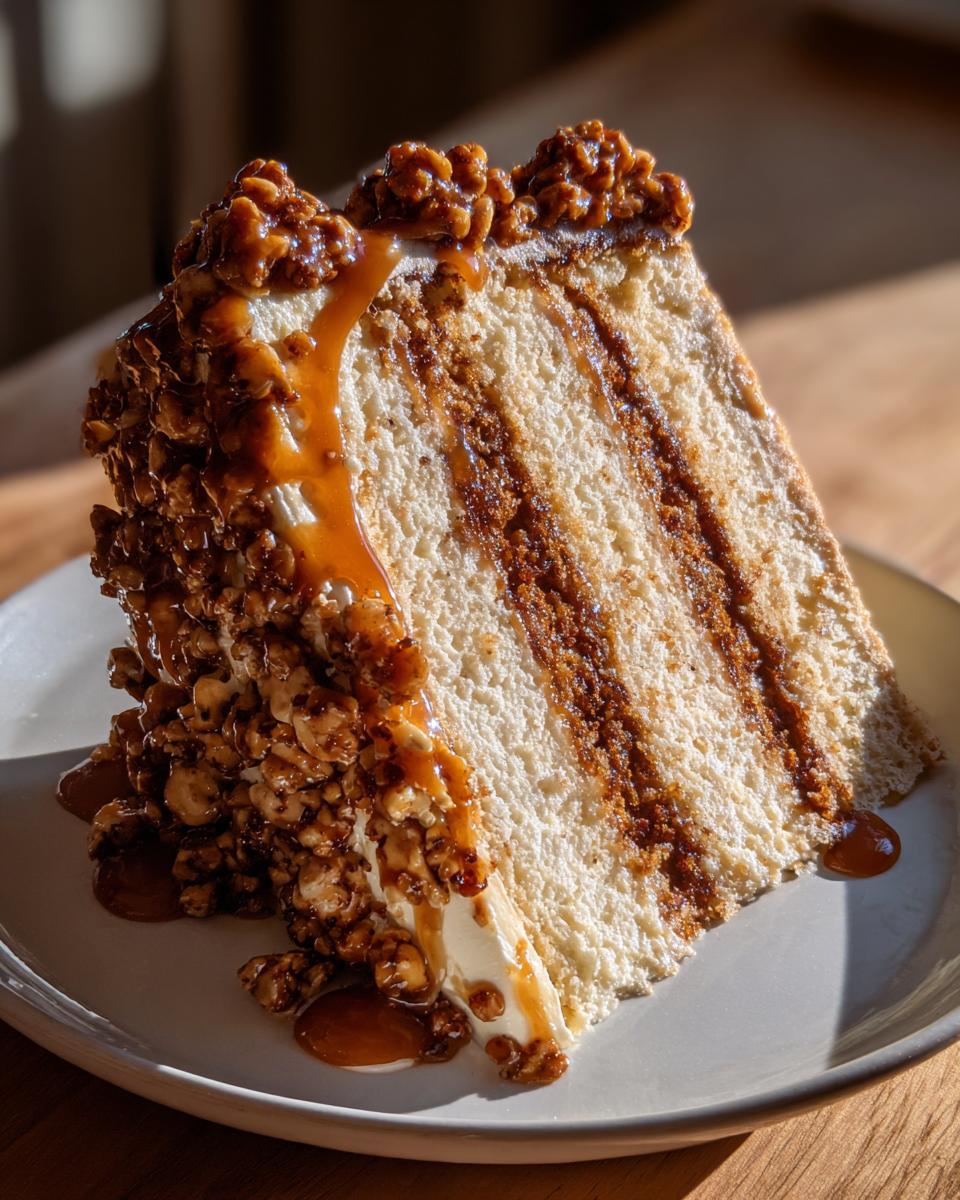 A tall slice of multi-layered caramel crunch cake covered in nuts and drizzled with thick caramel sauce.
