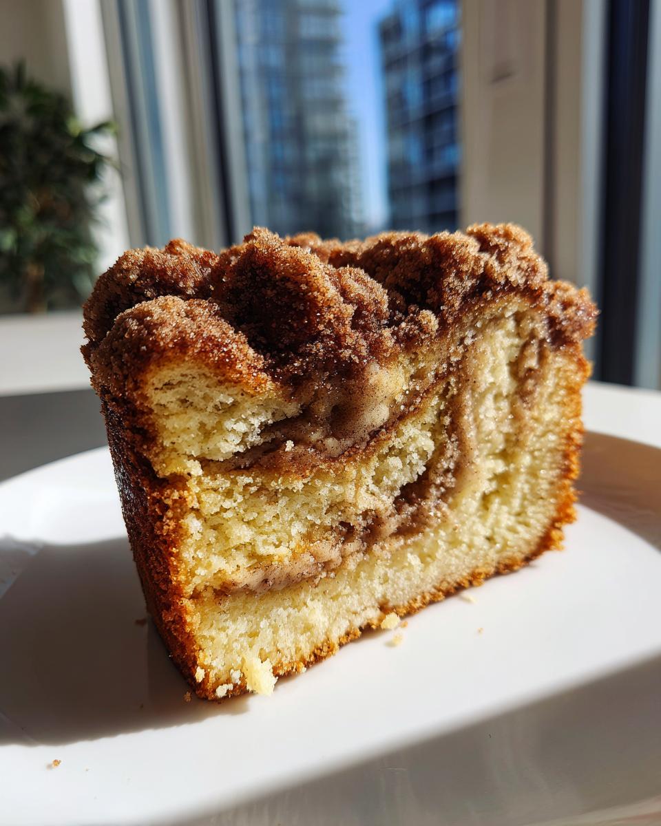 A close-up of a moist slice of coffee cake featuring a cinnamon swirl and thick, sugary crumb topping.