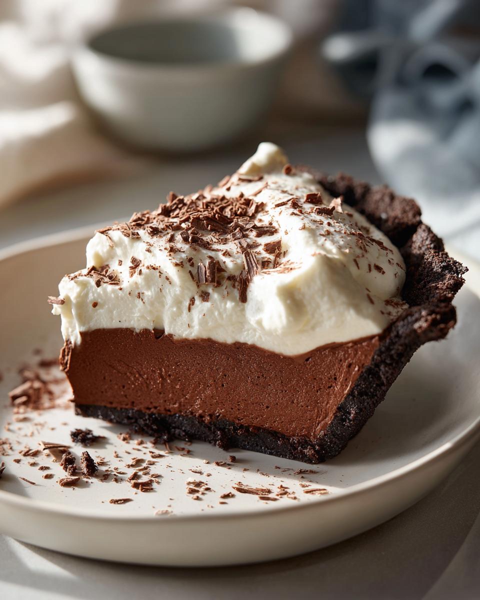 A decadent slice of french silk pie featuring a dark chocolate crust, smooth chocolate filling, and a topping of whipped cream with chocolate shavings.