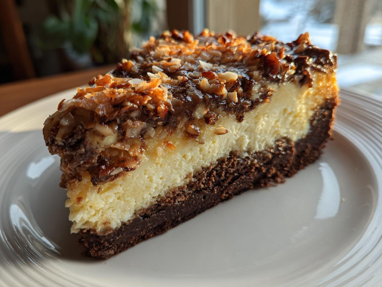 A close-up slice of german chocolate cheesecake showing a dark chocolate crust, creamy filling, and toasted coconut pecan topping.