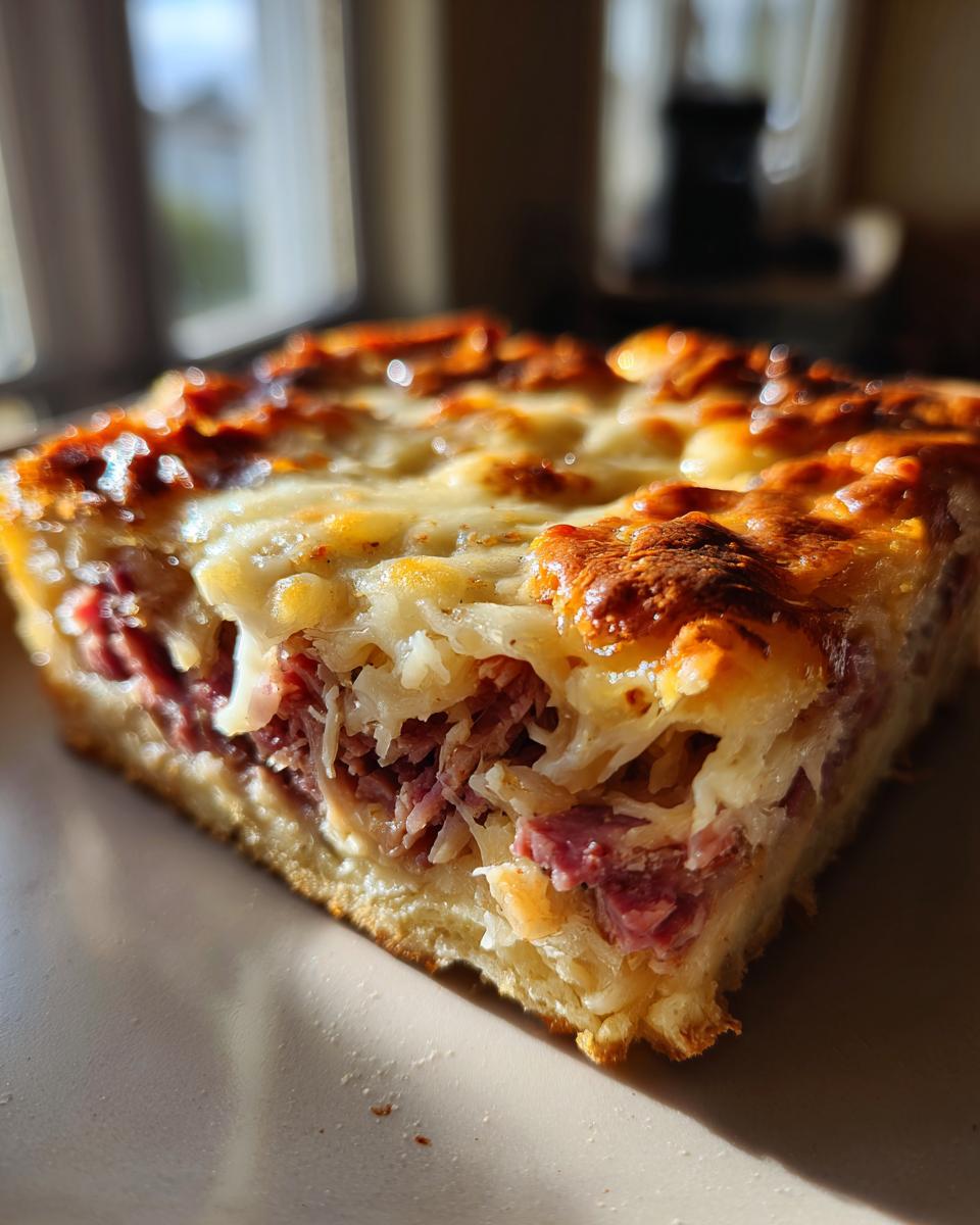 Close-up of a thick slice of homemade Reuben bake showing corned beef, sauerkraut, and melted, browned cheese.