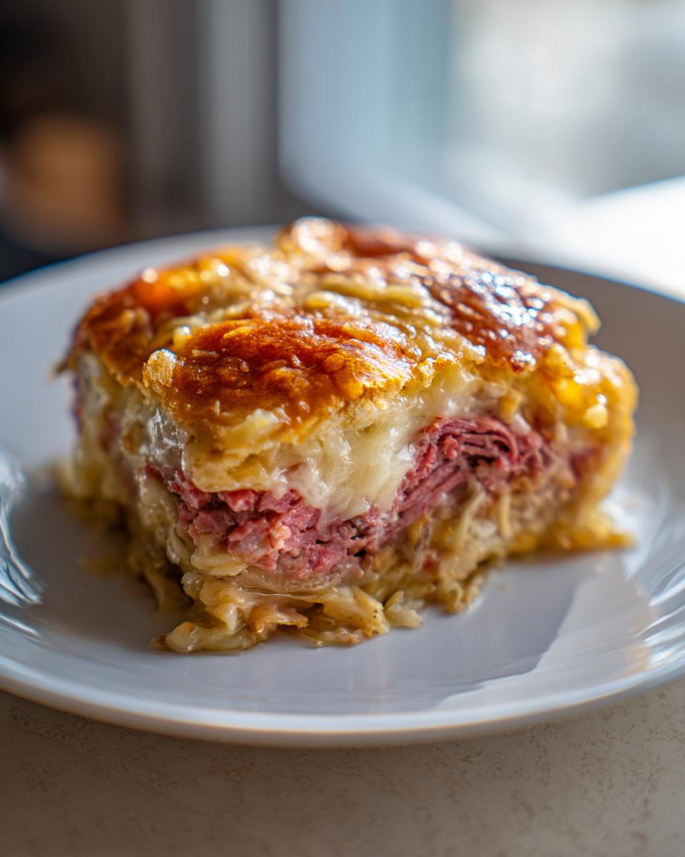 A close-up of a square slice of homemade reuben bake featuring layers of corned beef, sauerkraut, and melted cheese.