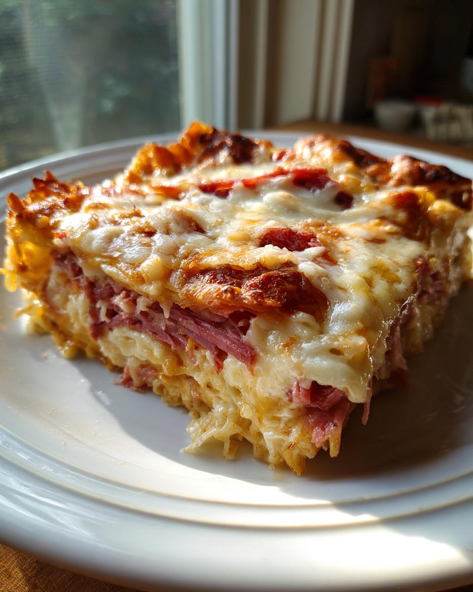 A close-up serving of homemade Reuben bake with melted cheese and layers of corned beef.