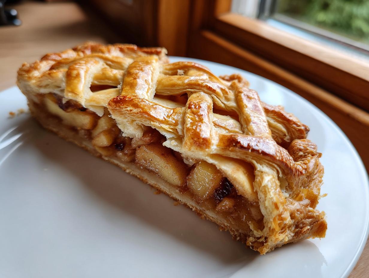 A close-up of a flaky slice of apple strudel featuring a golden lattice crust and visible spiced apple filling.