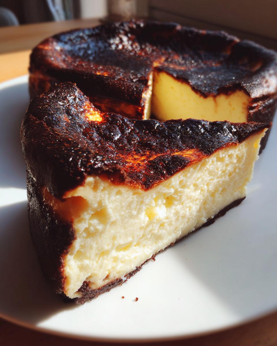 A close-up of a creamy slice of Basque cheesecake showing its signature dark, caramelized top.