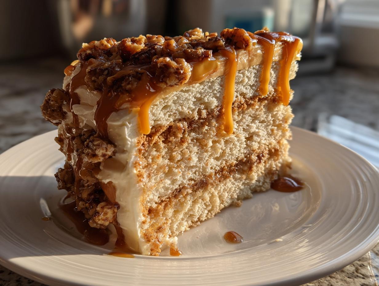 A tall, layered slice of Caramel Crunch Cake covered in white frosting, crunchy topping, and dripping with caramel sauce.