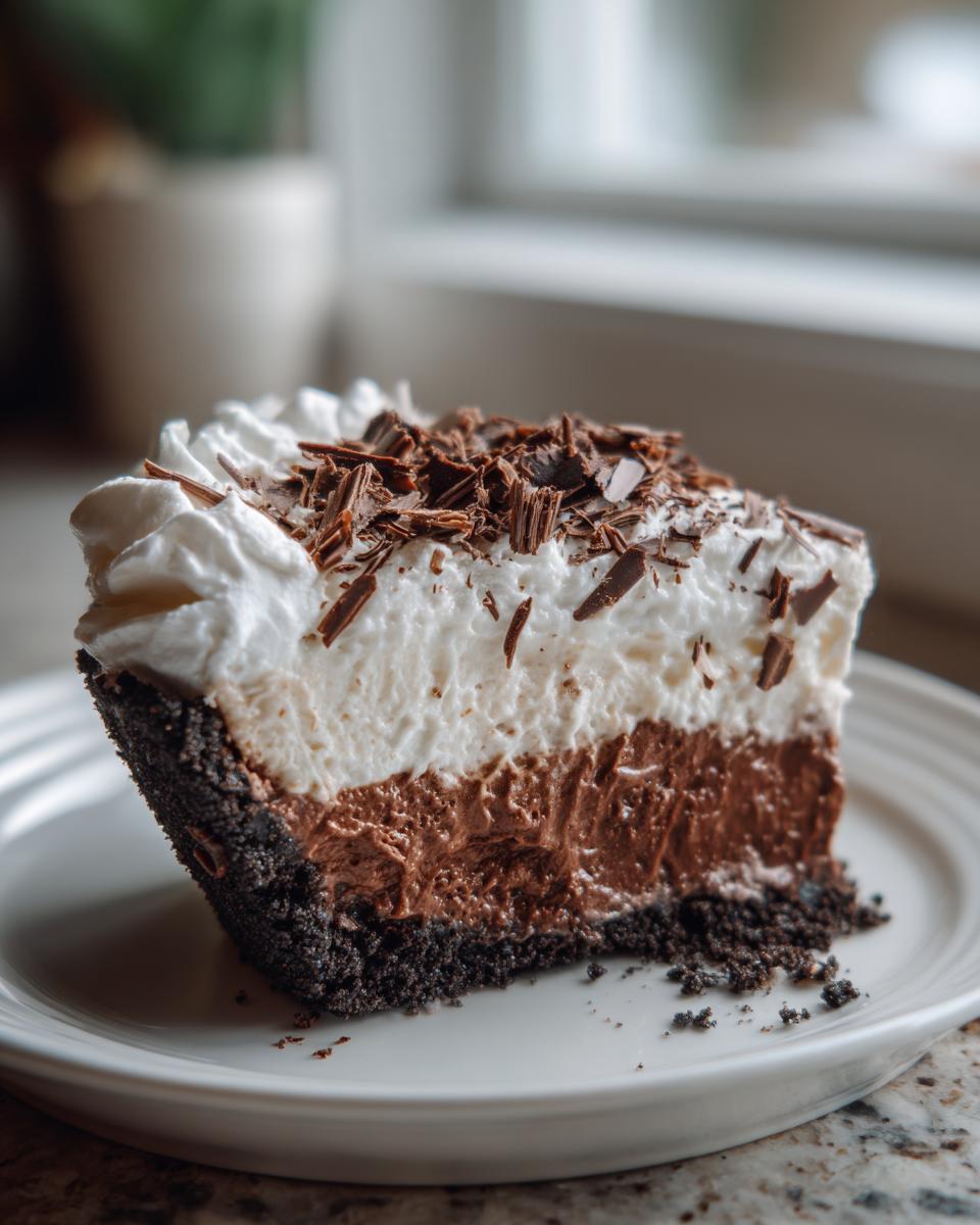 A close-up of a slice of rich, layered mud pie featuring a dark crust, chocolate filling, and whipped topping with chocolate shavings.