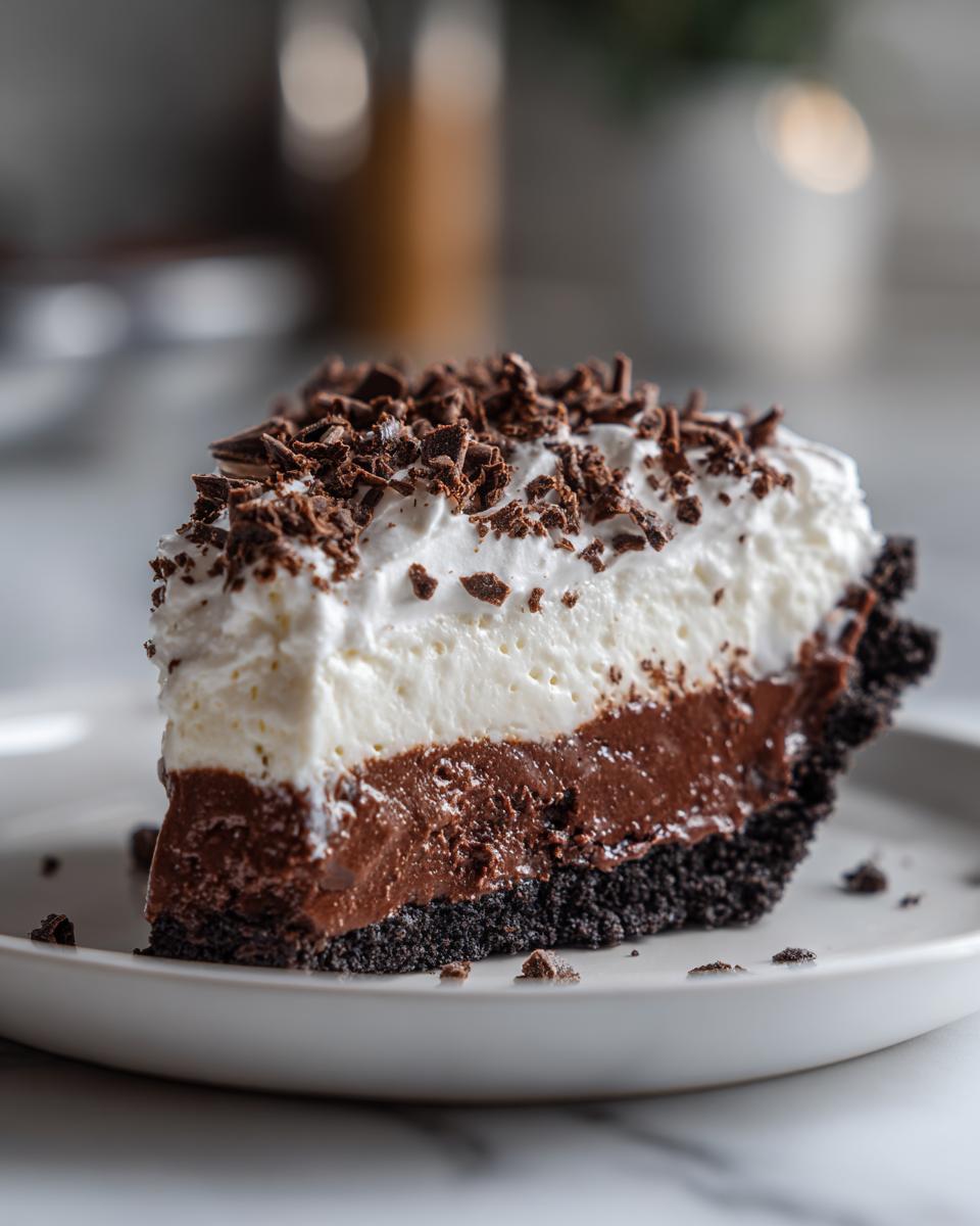 A decadent slice of layered mud pie featuring a dark crust, rich chocolate filling, white whipped cream, and chocolate shavings.