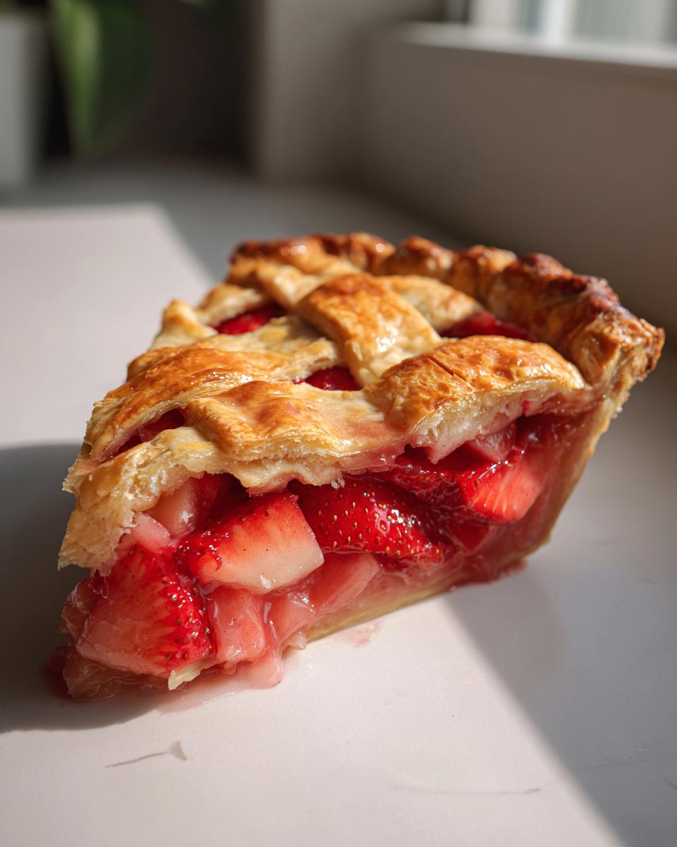 Close-up of a juicy slice of strawberry rhubarb pie showing the bright red filling and golden lattice crust.