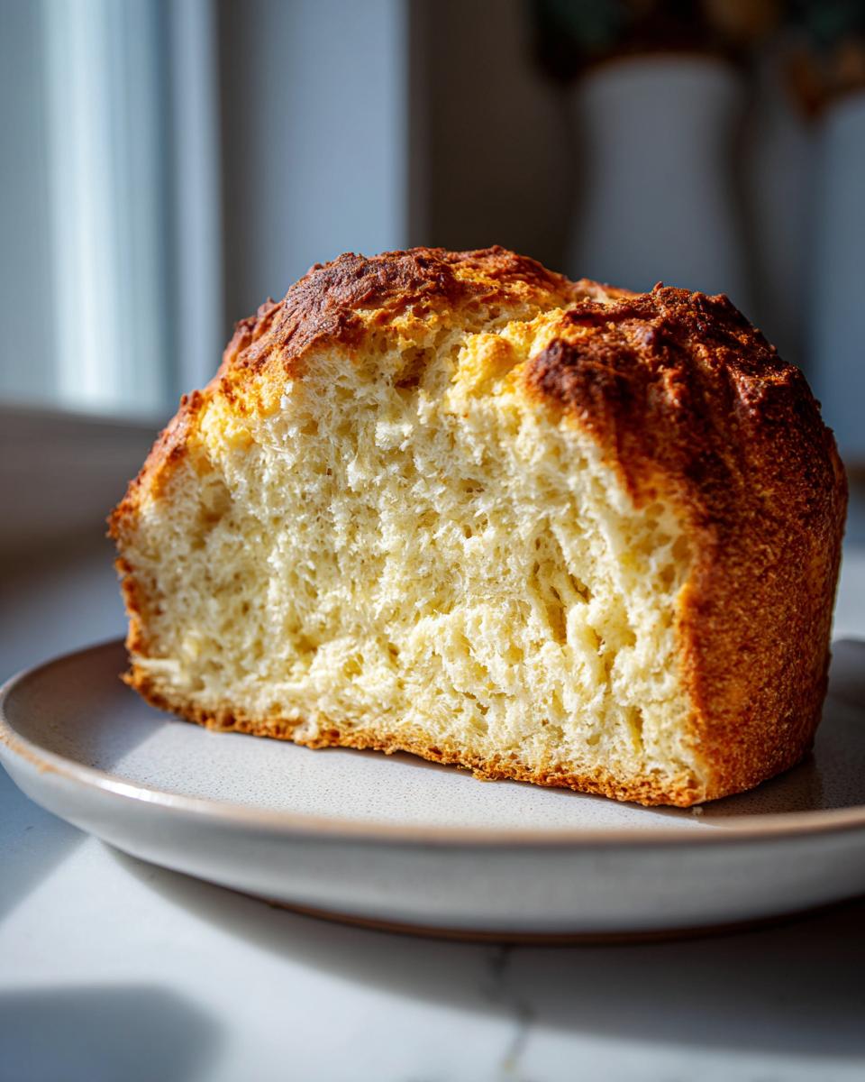 Close-up of a thick slice of homemade soda bread showing its soft, airy interior and dark golden crust.