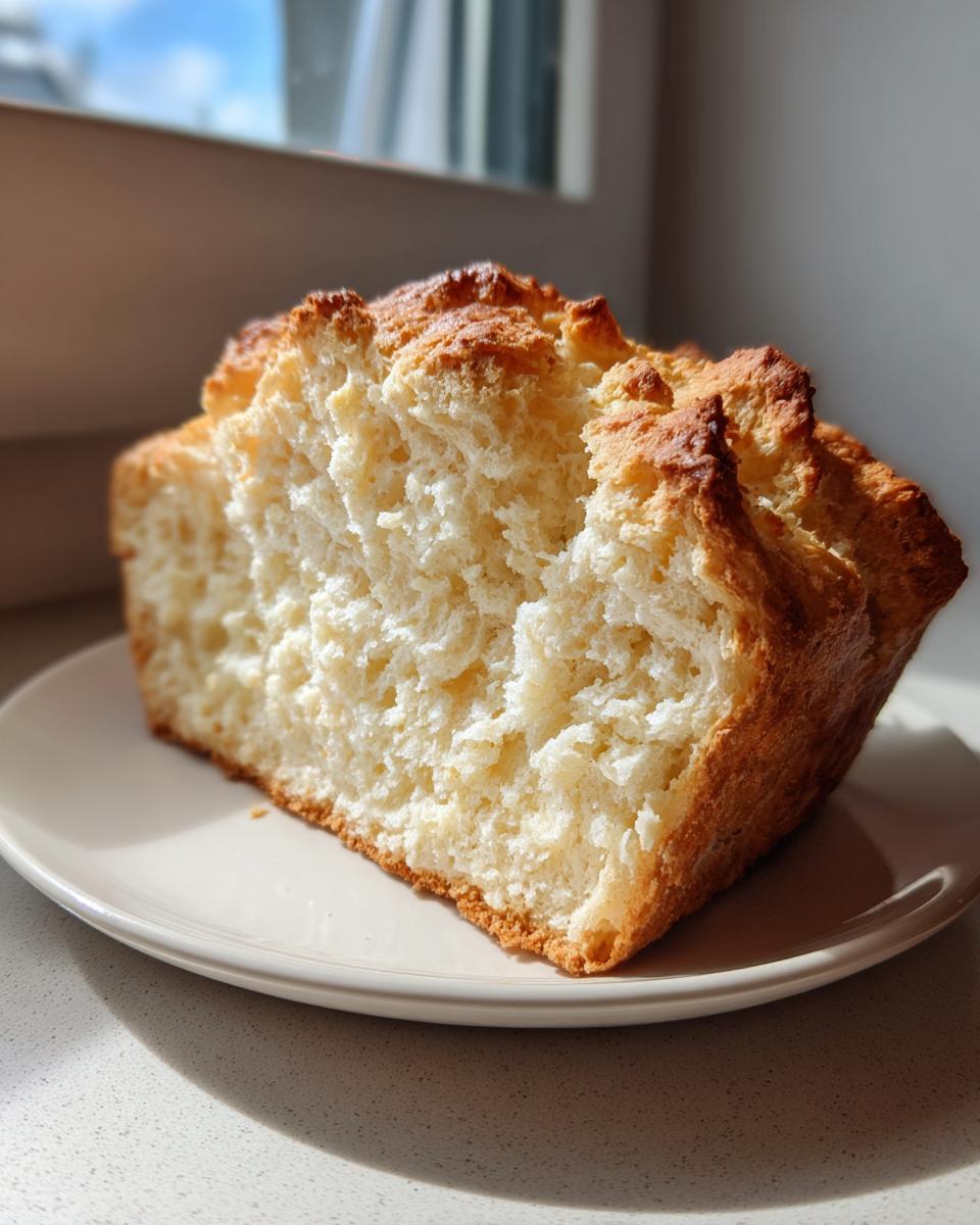 Close-up of a thick slice of homemade soda bread showing its fluffy, white interior and golden-brown crust.