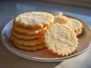 A stack of soft, round sugar cookie treats topped with sparkling granulated sugar, sitting on a light plate.