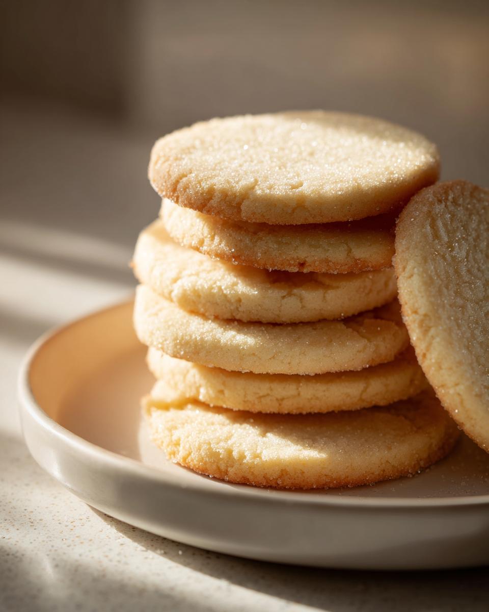 A stack of five perfectly round, soft sugar cookie rounds sprinkled with sugar, resting on a light plate.