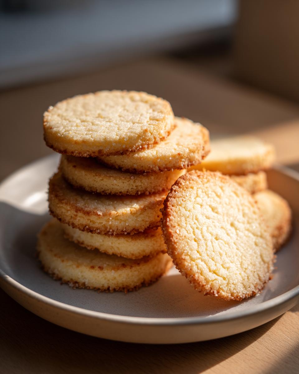 A stack of golden brown, round sugar cookie treats dusted with sugar, sitting on a light plate.