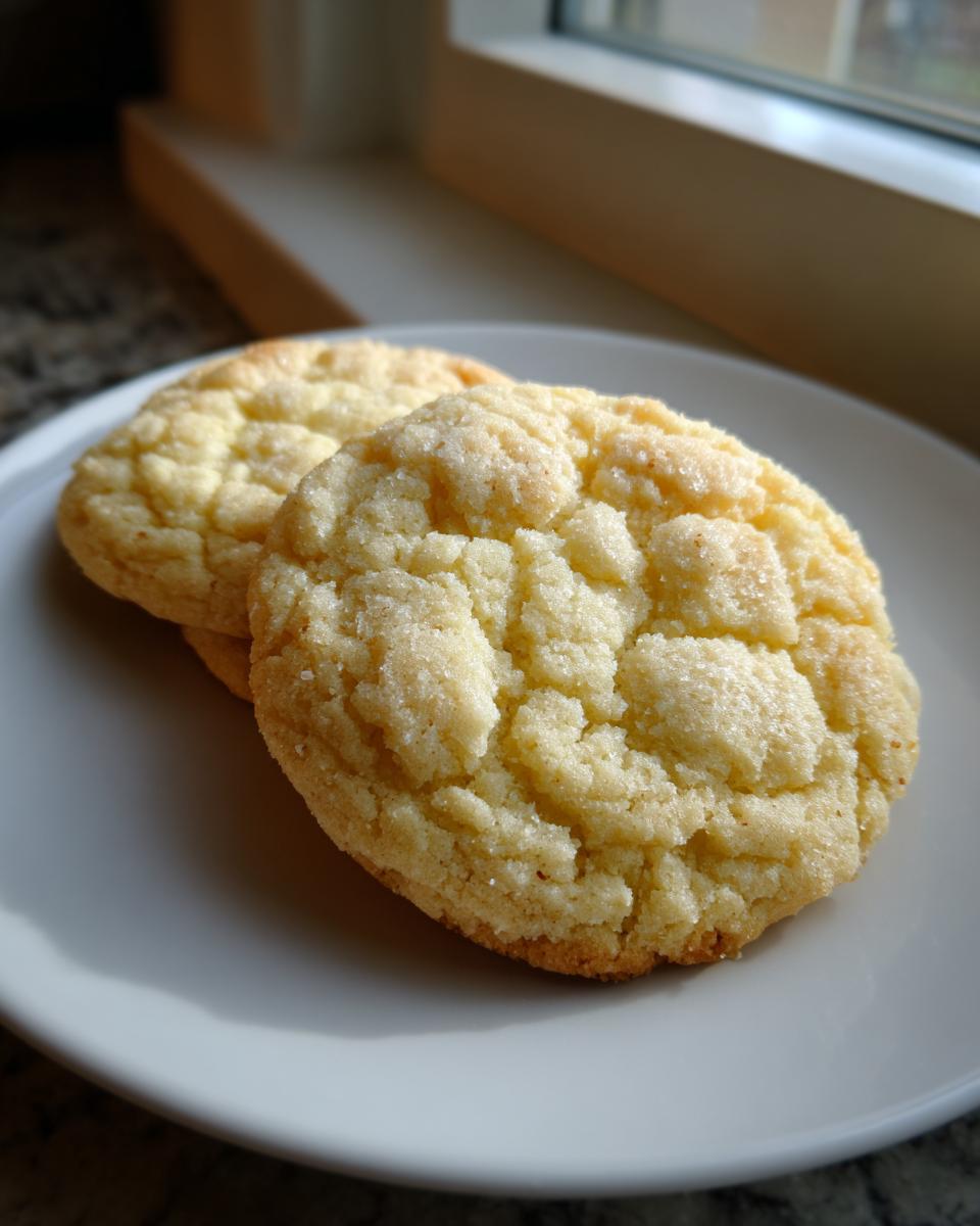 Close-up of two golden, crinkly soft sugar cookies, lightly coated in sugar, resting on a white plate near a window.