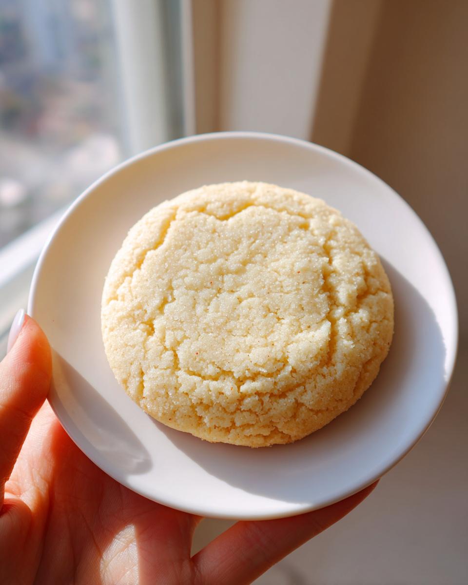 A single, thick, soft sugar cookie coated in sugar held on a small white plate.