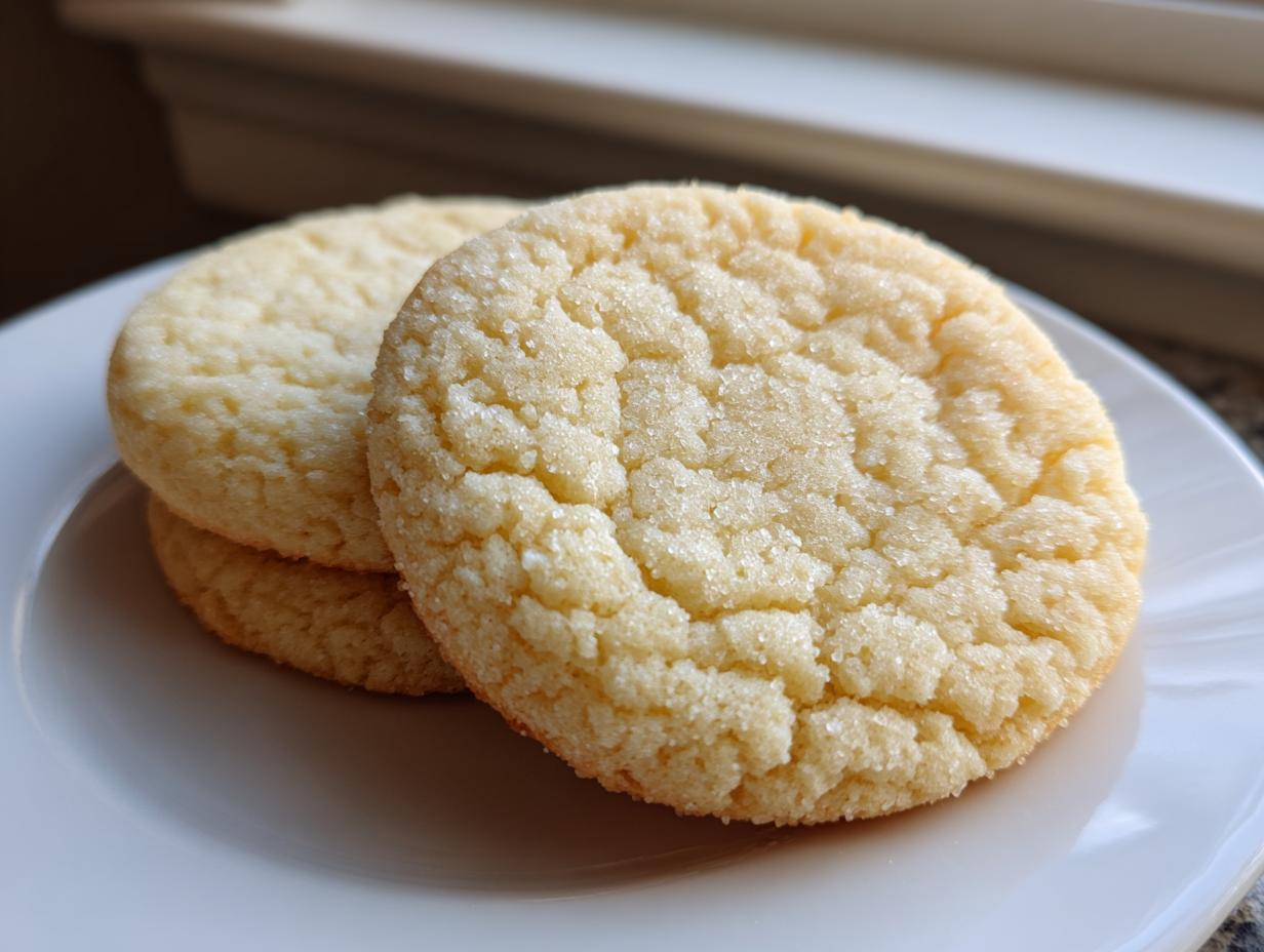 Close-up of two delicious soft sugar cookies stacked slightly on a white plate, featuring a crackled, sugary top.