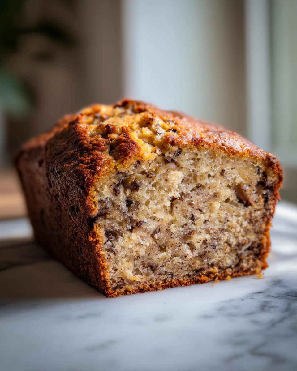 A moist slice of sourdough banana bread with a dark golden crust resting on a marble surface.