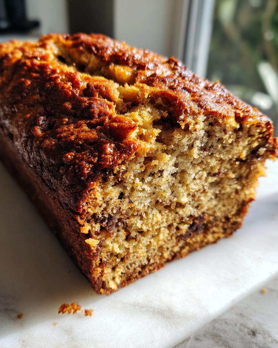 A close-up, sunlit view of a freshly baked sourdough banana bread loaf showing its dark, caramelized crust and moist interior.