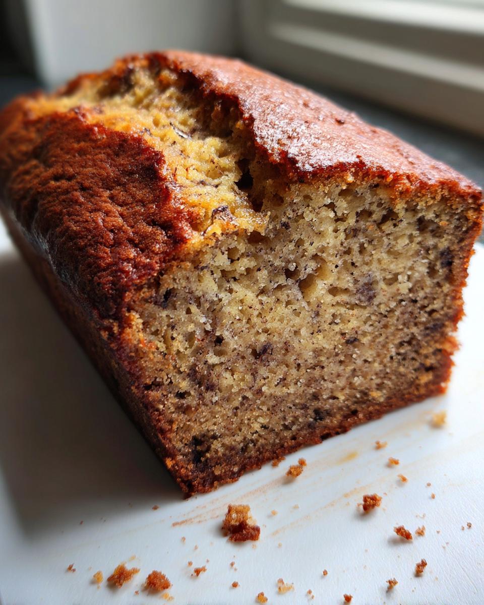 Close-up of a freshly baked loaf of sourdough banana bread, showing the moist crumb and golden-brown crust.