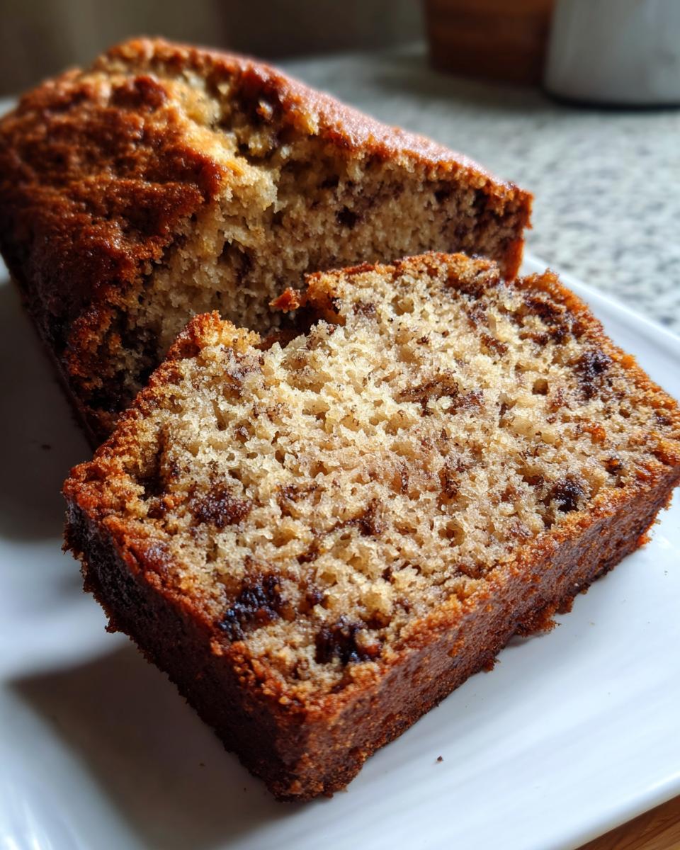 Close-up of a thick slice of moist sourdough banana bread showing a rich crumb and dark chocolate pieces.