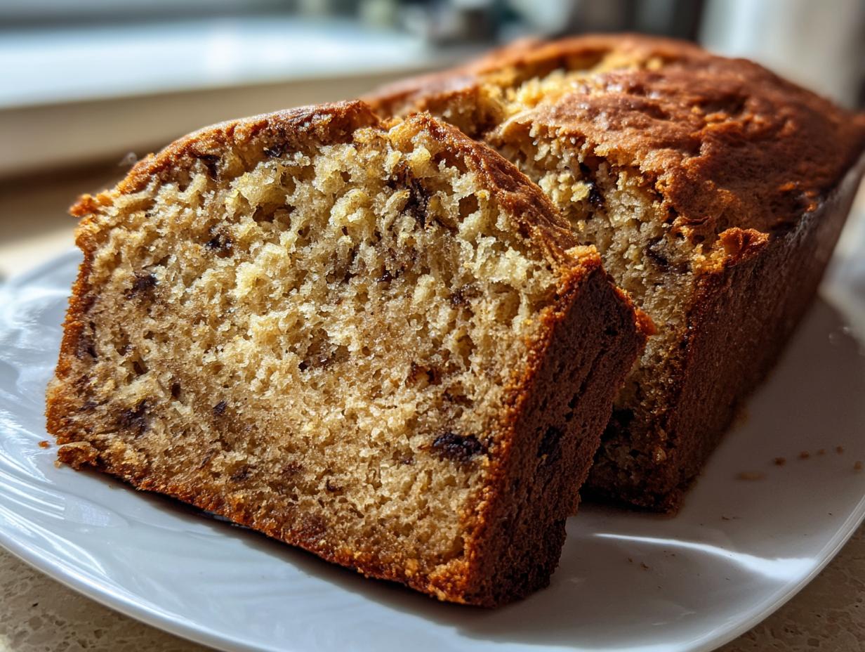 Close-up of two slices of moist sourdough banana bread with visible chocolate chips on a white plate.