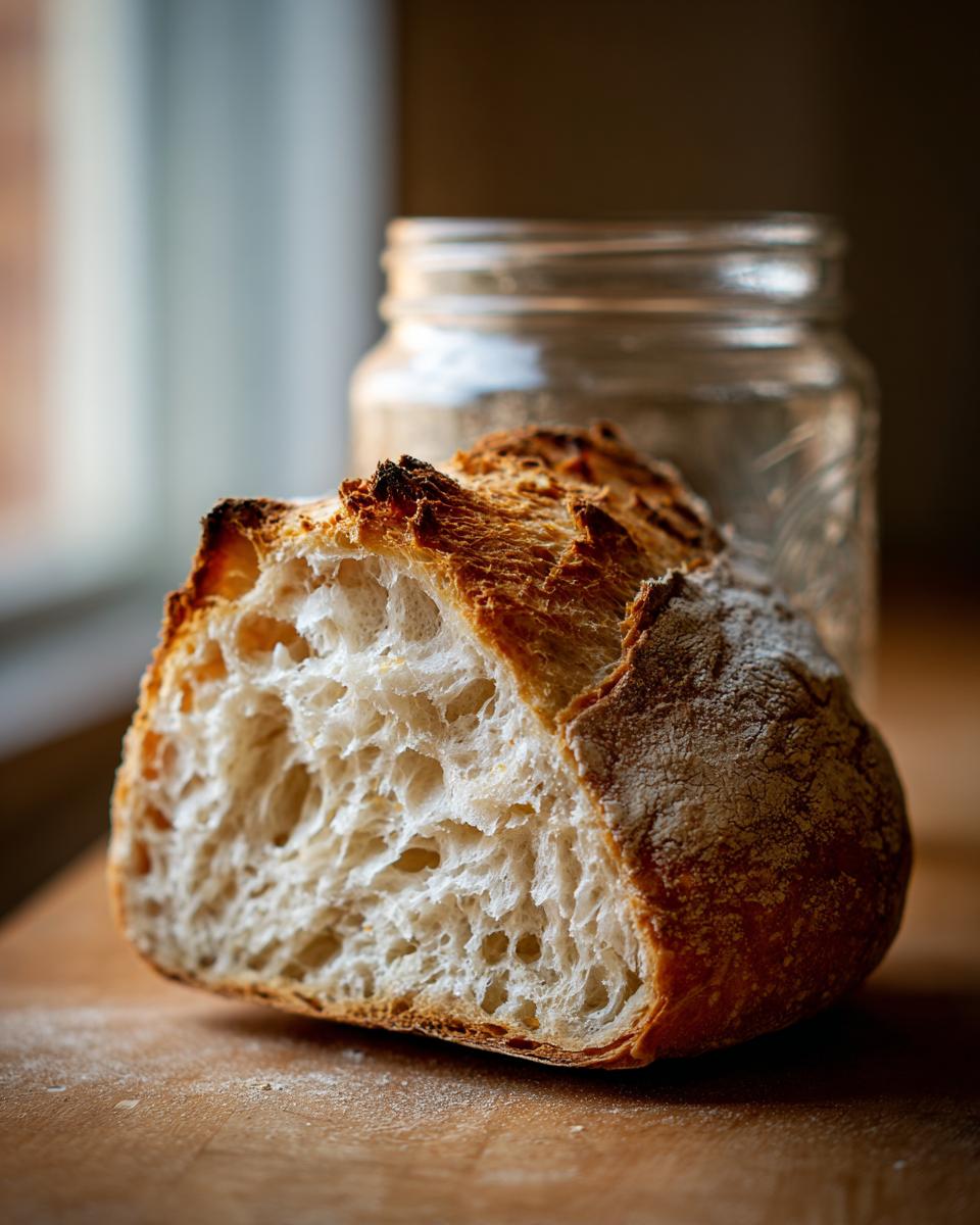 Cross-section of a rustic loaf showing open crumb structure, with a glass jar related to sourdough starter blurred in the background.