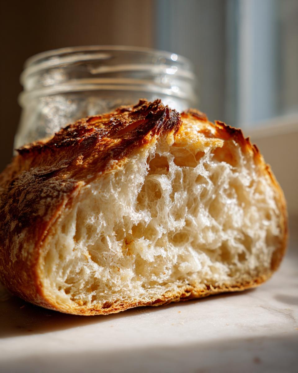 Close-up of a perfectly baked sourdough bread loaf, showing an open, airy crumb structure, with a jar in the background, demonstrating success with a sourdough starter.
