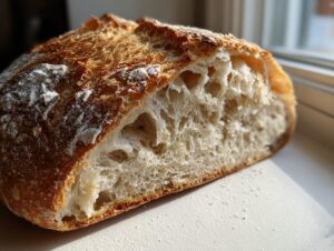 Close-up of a freshly baked loaf of sourdough bread, showing an open, airy crumb structure achieved with a successful sourdough starter.