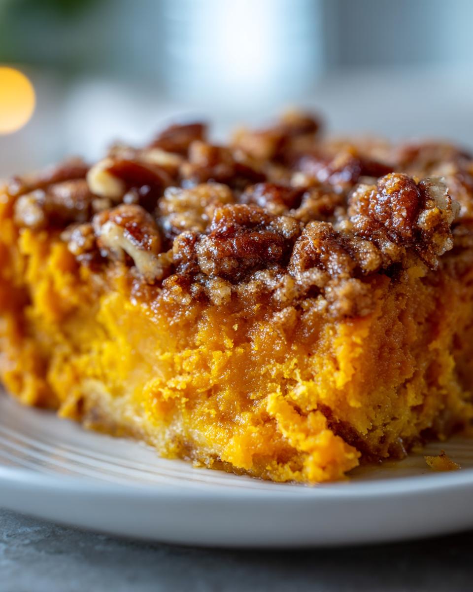 Close-up of a rich, orange slice of southern sweet potato casserole topped with glazed pecans.