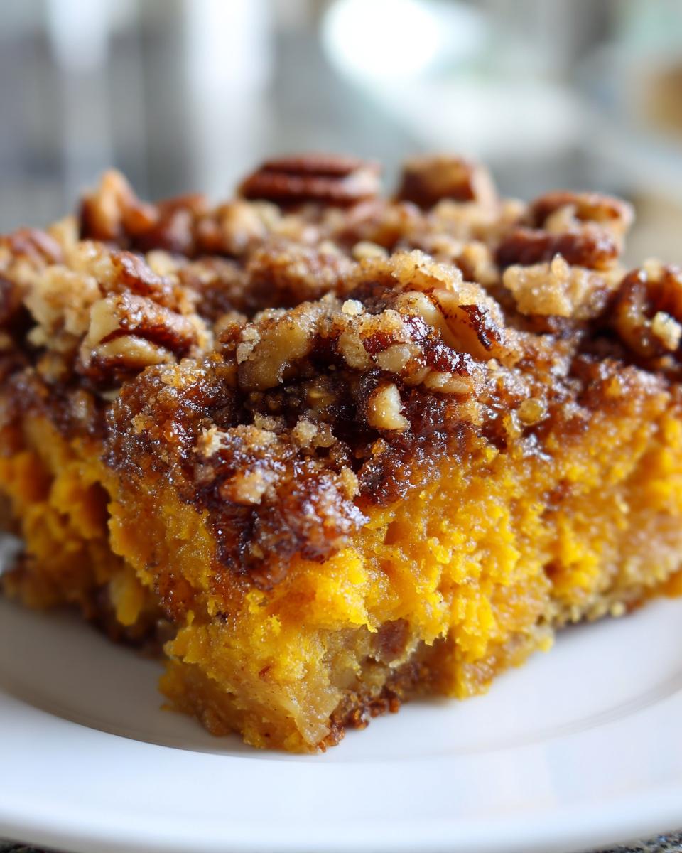 A close-up, macro shot of a square serving of southern sweet potato casserole topped with a rich pecan crumble.
