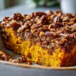 A rich, orange slice of southern sweet potato casserole topped with a crunchy, caramelized pecan streusel topping.