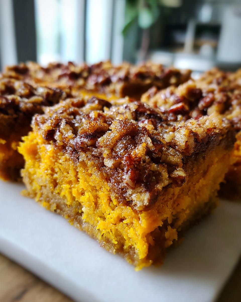 Close-up of a square slice of vibrant orange southern sweet potato casserole topped with a crunchy brown sugar pecan streusel.