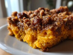 A close-up, macro shot of a moist slice of southern sweet potato casserole topped with a crunchy, caramelized pecan streusel.