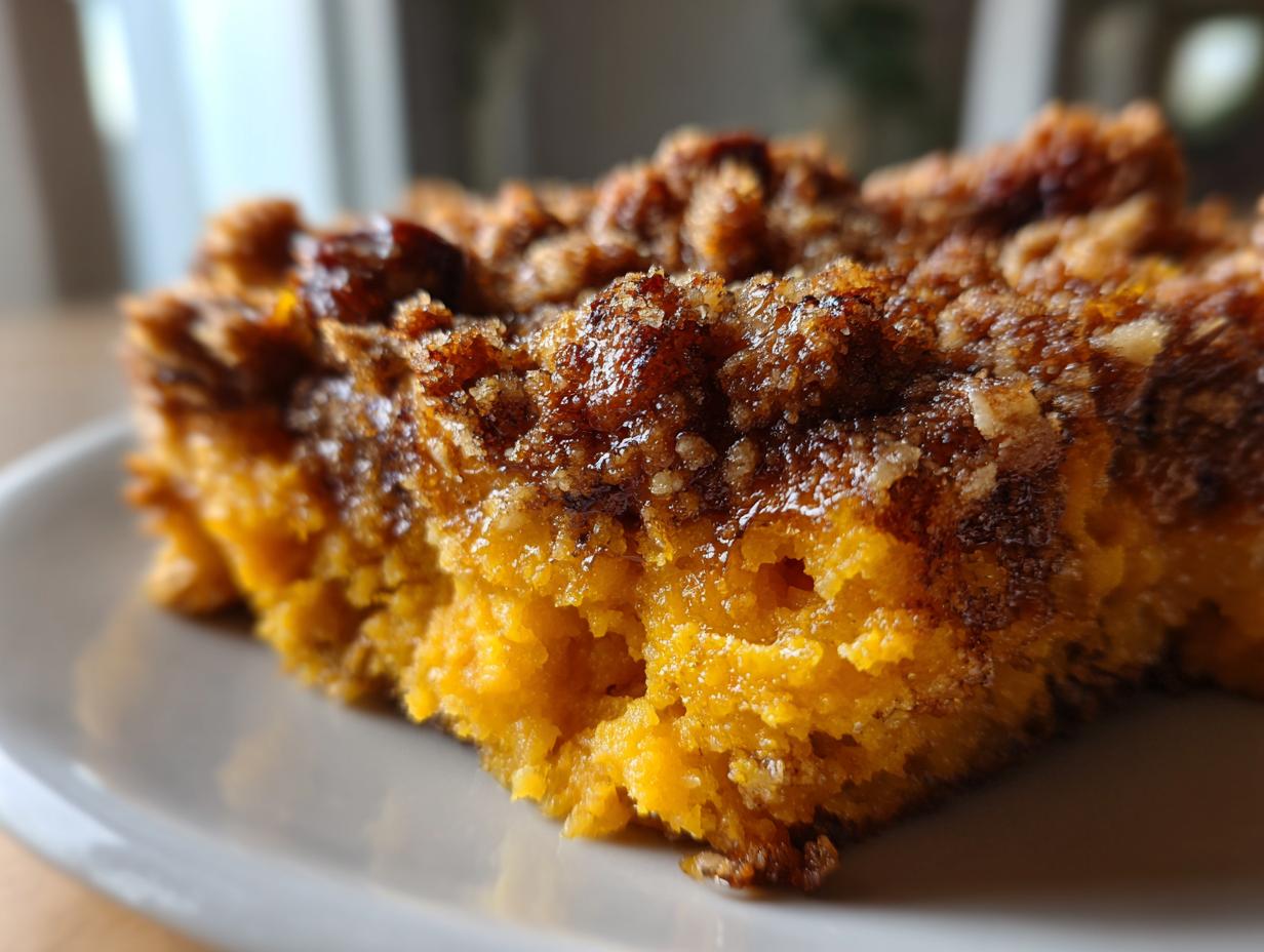 A close-up, macro shot of a moist slice of southern sweet potato casserole topped with a crunchy, caramelized pecan streusel.