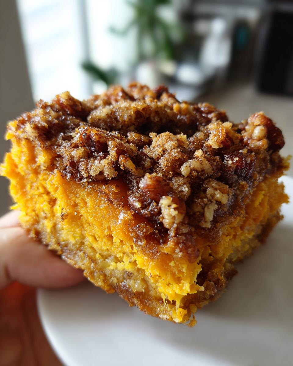 Close-up of a square slice of vibrant orange southern sweet potato casserole topped with a crunchy brown sugar and pecan streusel.