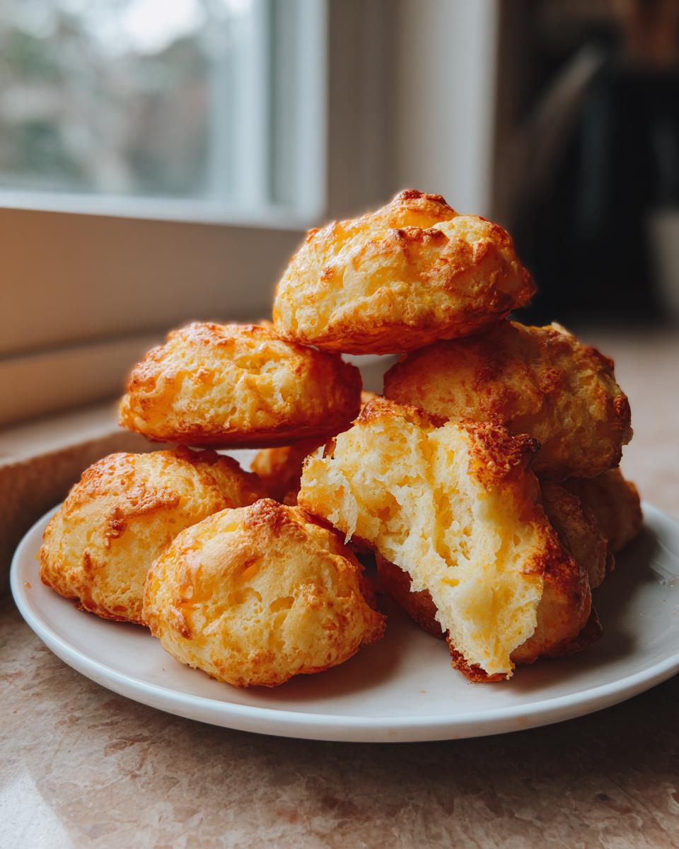 A stack of freshly baked, golden brazilian cheese bread puffs piled on a white plate, one broken open showing the airy interior.