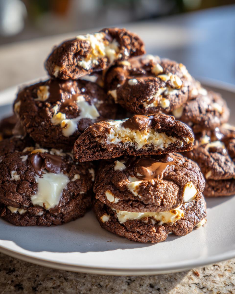 A stack of rich, dark chocolate almond joy cookies showing melted white chocolate and coconut filling inside.