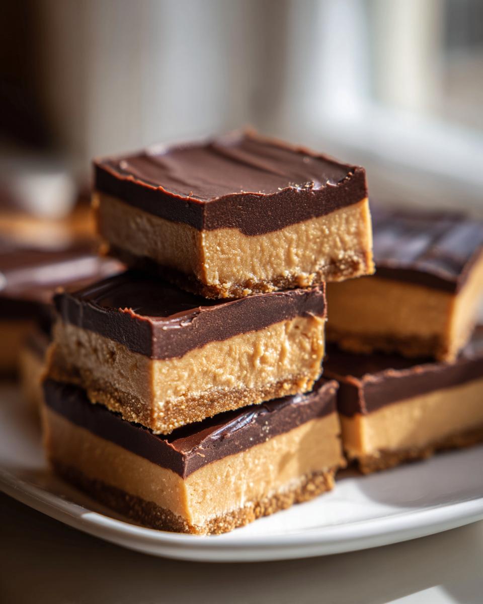 Close-up of stacked squares of buckeye fudge, featuring a peanut butter layer topped with smooth chocolate ganache.