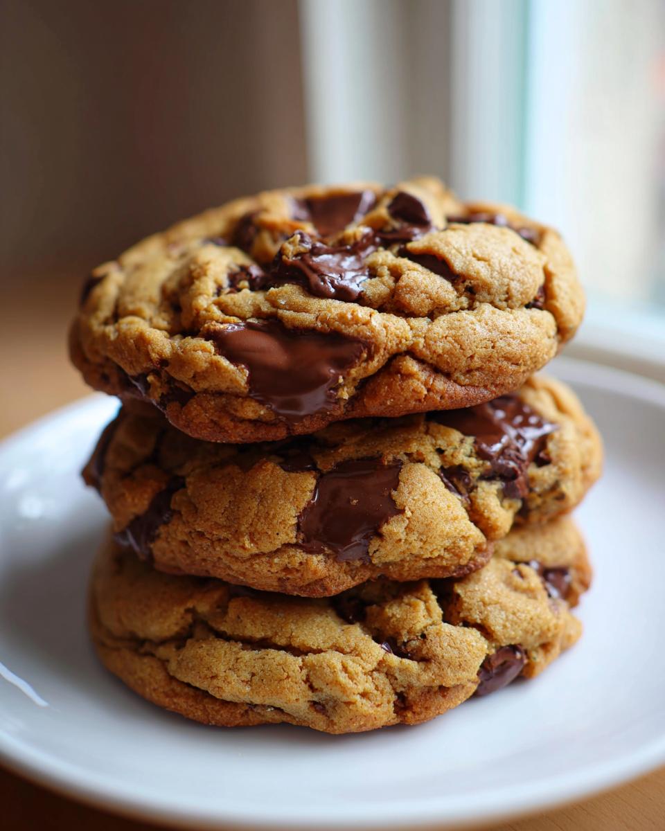 A stack of three thick, gooey vegan chocolate chip cookies with melted chocolate chunks on a white plate.