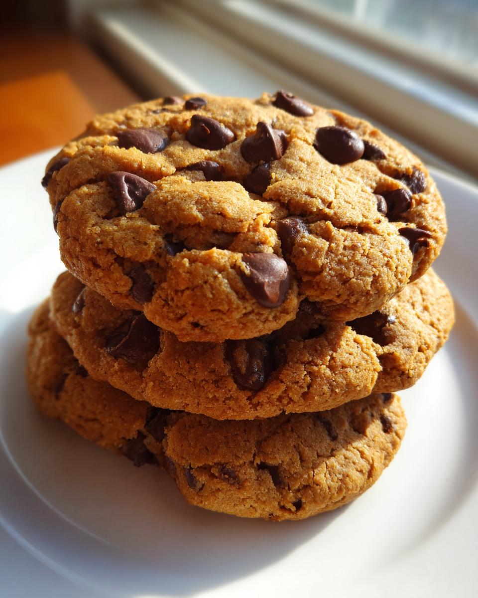 A stack of three thick, chewy vegan chocolate chip cookies loaded with chocolate chips, sitting on a white plate.