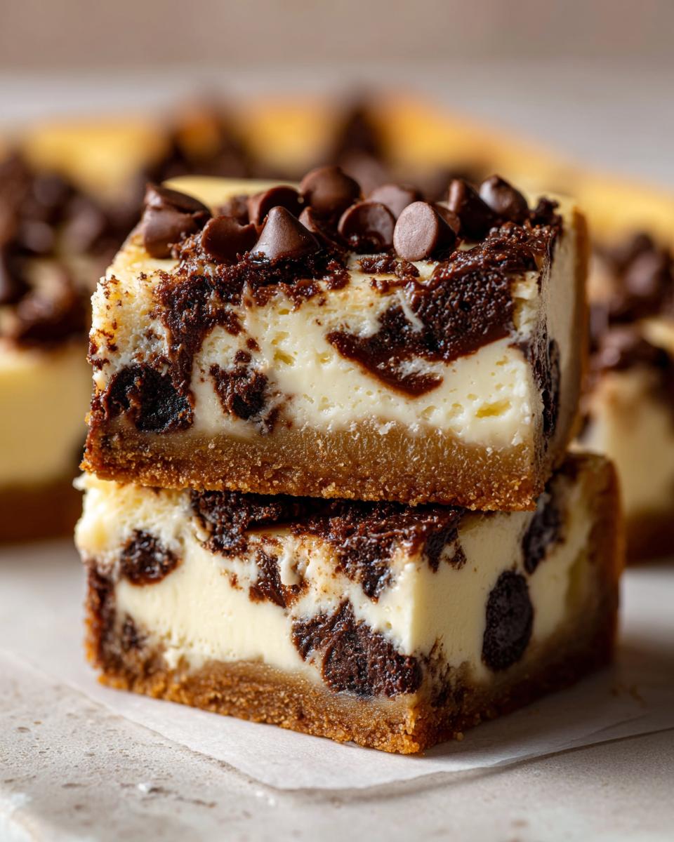 Two stacked bars of chocolate chip cheesecake showing a graham cracker crust, creamy filling, and chocolate swirls, topped with chocolate chips.