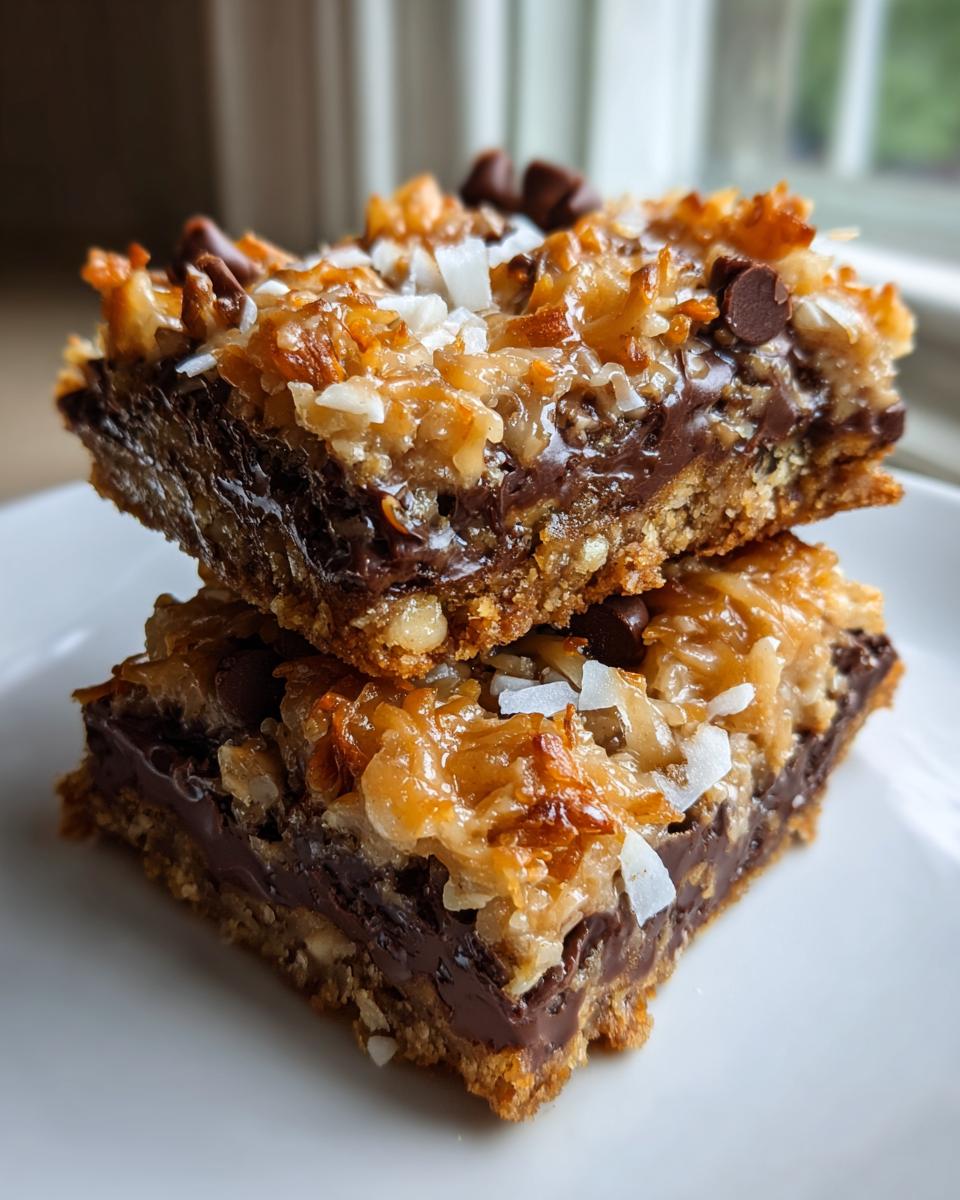 Two stacked, gooey magic cookie bars featuring a thick chocolate layer and toasted coconut topping.